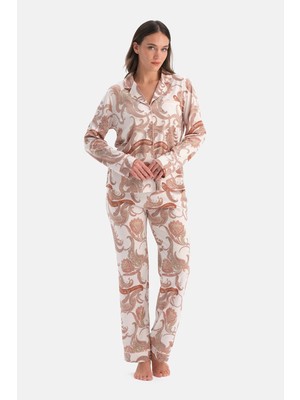 Dagi Light Pink Paisley Pattern Jersey Modal Shirt And Pants Pajama Set