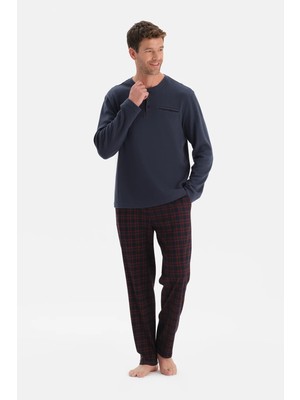 Dagi Navy Long Sleeve Placket And Pocket Detail T-Shirt And Pants Set