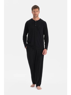Dagi Anthracite Melange Long Sleeve Placket And Pocket Detail Pajama Set
