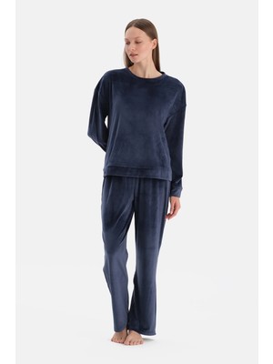 Dagi Navy Long Sleeve Velvet T-Shirt And Pants Pajama Set