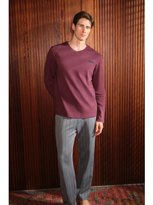Dagi Burgundy Long Sleeve V-Neck T-Shirt And Pants Set