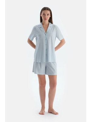 Dagi Light Blue Striped Short Sleeve Shirt And Shorts Pajama Set
