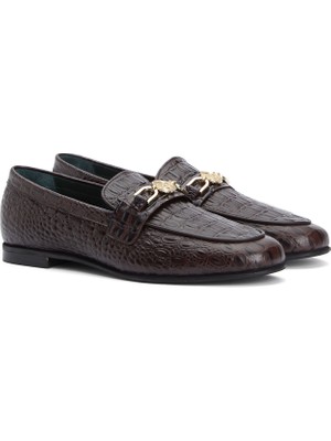 George Hogg Women's Brown Buckle-Detail Printed Leather Loafers