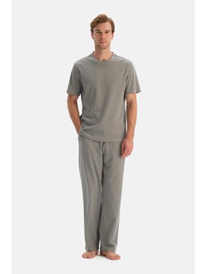 Dagi Grey Melange Collar Detail Short Sleeve Interlock T-Shirt And Pants Set