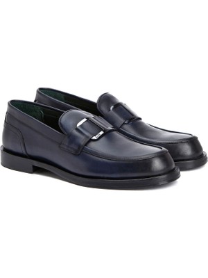 George Hogg Men's Navy Buckle-Detail Leather Loafers