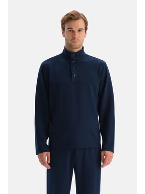 Dagi Navy Snap Button Collar Sweatshirt