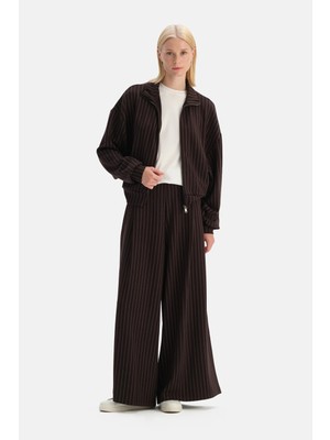 Dagi Dark Brown Stripe Detail Pleated Pants