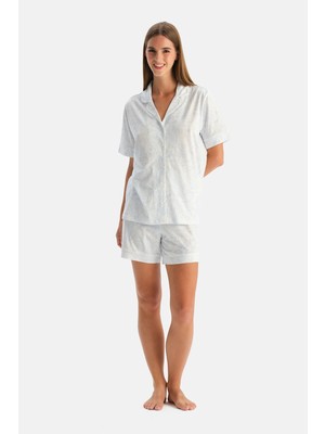 Dagi Light Blue Floral Cotton Modal Shirt And Shorts Set