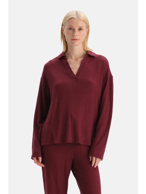 Dagi Burgundy Knit Detail Polo Collar Blouse