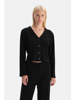 Dagi Black Rib Knit Button-Up Cardigan