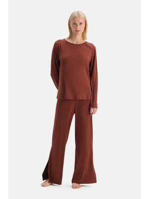 Dagi Brown Wide Neck Long Sleeve Slit Detail T-Shirt And Pants Set