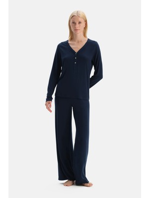Dagi Navy Viscose Rib Knit T-Shirt And Pants Set