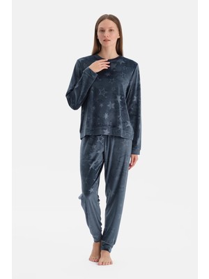 Dagi Navy Waffle Star Print T-Shirt And Pants Pajama Set