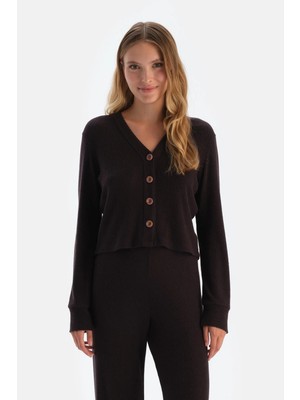Dagi Dark Brown Ribbed Button-Up Cardigan