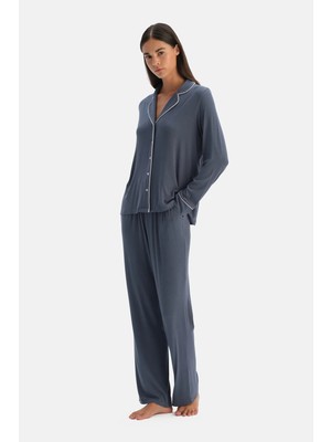 Dagi Indigo Piped Long Sleeve Ribbed Shirt And Pants Set
