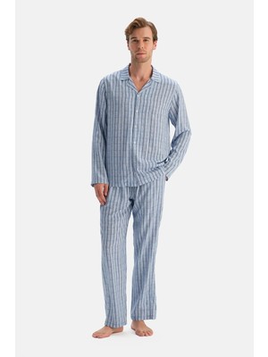 Dagi Light Blue Plaid Woven Shirt And Pants Set