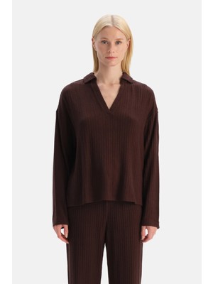Dagi Dark Brown Knit Detail Polo Collar Blouse