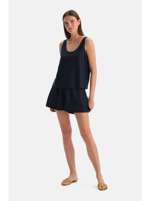 Dagi Navy Linen Lyocell Blend Gathered Waist Shorts