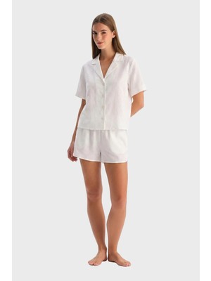 Dagi White Short Sleeve Viscose Satin Shirt And Shorts Set