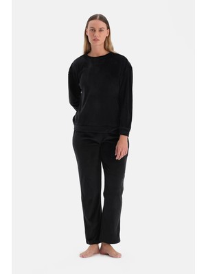 Dagi Black Long Sleeve Velvet T-Shirt And Pants Pajama Set