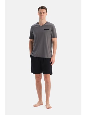 Dagi Dark Grey Short Sleeve V-Neck Cotton Modal T-Shirt And Shorts Set