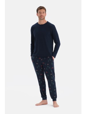 Dagi Navy Stitch Detail Long Sleeve Thermal T-Shirt And Pants Pajama Set