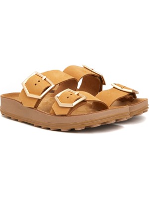 Divarese Dıvarese Tan Slight Platform Women's Leather Slides