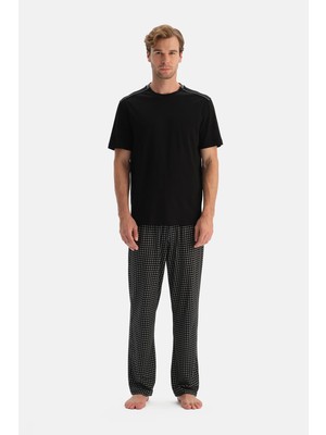 Dagi Black Short Sleeve Collar Detail T-Shirt And Pants Set