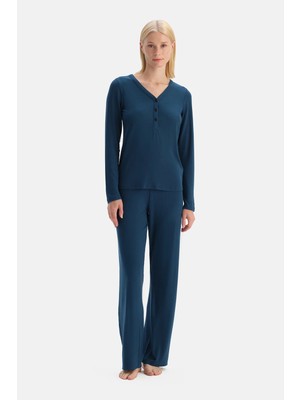 Dagi Navy V-Neck Viscose Rib Knit T-Shirt And Pants Set