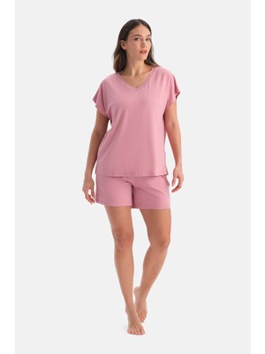 Dagi Dusty Rose V-Neck Short Sleeve T-Shirt And Shorts Pajama Set