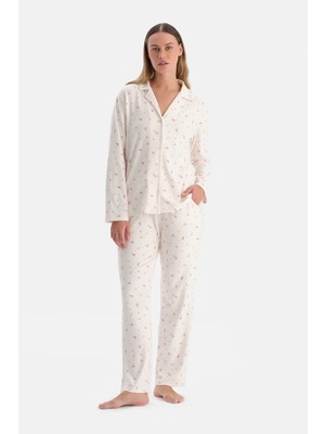 Dagi Ecru Floral Pattern Pointelle Shirt And Pants Set