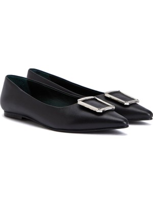 George Hogg Black Buckle Detail Women's Leather Ballet Flats