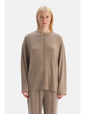 Dagi Beige Melange Ribbed Detail Crew Neck Blouse