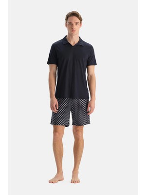 Dagi Navy Short Sleeve Polo Collar Cotton Modal T-Shirt And Shorts Set