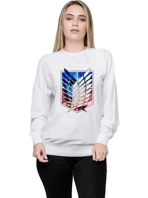 Qivi Kadın Beyaz Attack On Titan Baskılı Örme Sweatshirt Uzun Kol BGA0298-KDNSW, L