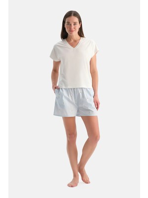 Dagi White V-Neck Short Sleeve T-Shirt And Lemon Embroidered Shorts Set