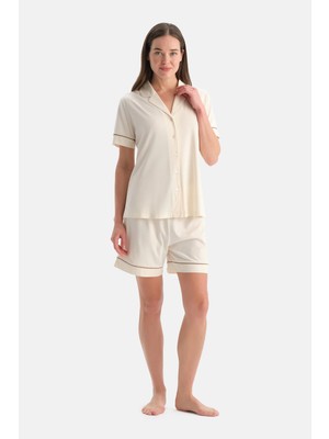 Dagi Ecru Piped Cotton Modal Shirt And Shorts Pajama Set