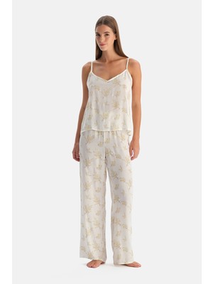 Dagi Off-White Floral Pattern Woven Tank Top Pajama Set