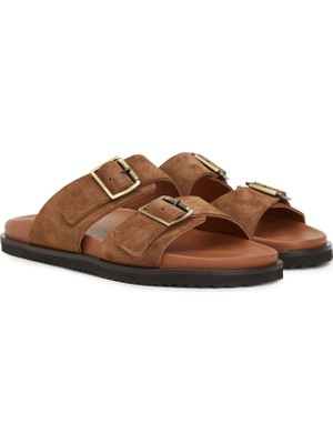 Divarese Dıvarese Tan Buckle Detail Women's Suede Slides