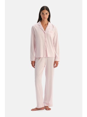 Dagi Light Pink Piped Shirt And Pants Set