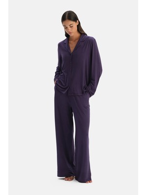 Dagi Plum Cuff And Hem Detail Siro Viscose Shirt And Pants Set
