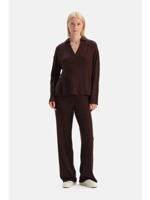 Dagi Dark Brown Knit Detail Pants