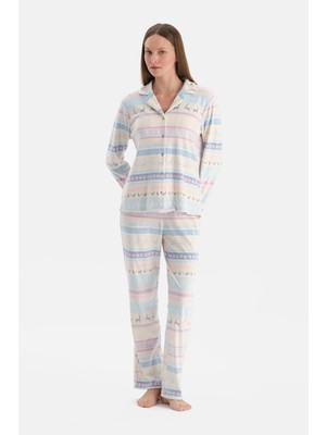 Dagi Multicolor Printed Velvet Shirt And Pants Pajama Set