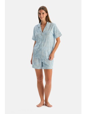 Dagi Light Blue Paisley Pattern Cotton Modal Shirt And Shorts Set
