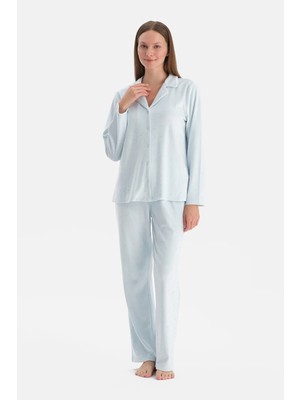 Dagi Light Blue Foiled Velvet Shirt And Pants Pajama Set