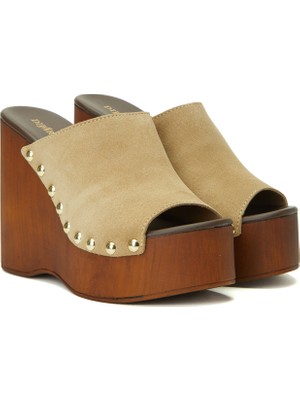 Divarese Dıvarese Beige High Heel Women's Suede Slides