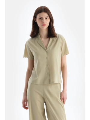 Dagi Light Green Stitch Detail Woven Shirt