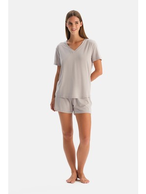 Dagi Light Grey V-Neck Modal Cooling T-Shirt And Shorts Set