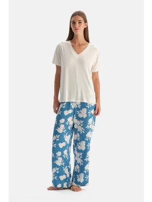 Dagi White V-Neck Short Sleeve Woven Pajama Set