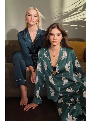 Dagi Dark Green Leopard Print Satin Pants